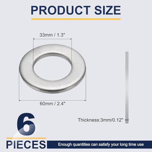 uxcell M33 Flat Washer for Screw, 6Pcs 304 Stainless Steel Washers 33MM ID x 60MM OD x 3MM Thick for Bolts, Factories Repair, Kitchens, Shops, and Outdoor Construction (Silver Tone) 33 x 60 x 3 mm/1.3 x 2.4 x 0.12 inches