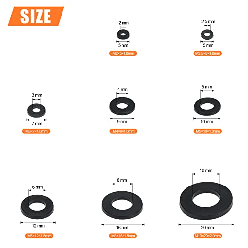 HELIFOUNER 1200 Pieces 8 Sizes White Nylon Flat Washers and Black Nylon Flat Washers Assortment Kit - M2 M2.5 M3 M4 M5 M6 M8 M10 White + Black
