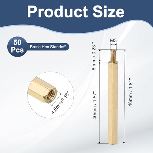 PATIKIL 50 Pcs Male to Female Thread Spacer Screws M3 x 40mm + 6mm Brass Hex Standoff PCB Motherboard Spacer Screw Nut for Drone Quadcopter Computer Electronic Projects Circuit Board