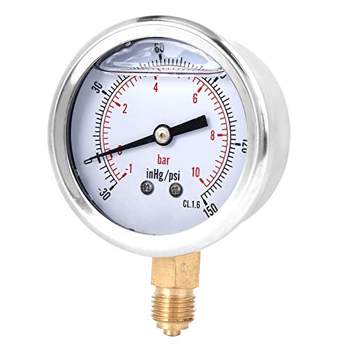Oil Filled Pressure, 1/4 Lower Mount Stainless Steel Liquid Filled Pressure, -1-10 bar, -30-150 inhg/psi Scale Pressure with Brass Internals