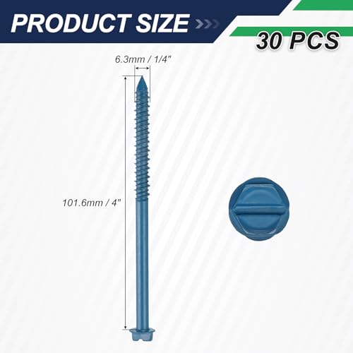 30Pcs Slotted Hex Concrete Screws 1/4"x4" Carbon Steel Blue 1/4"x4"