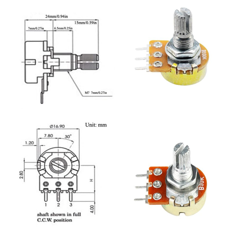 110Pcs Potentiometer Kit, Potentiometer Knobs, 11 Values 500 1K 2K 5K 10K 20K 50K 100K 250K 500K 1M Ohm Potentiometers Assortment Kit, 3 Pin Terminals Potentiometer with Cap Nuts and Washer