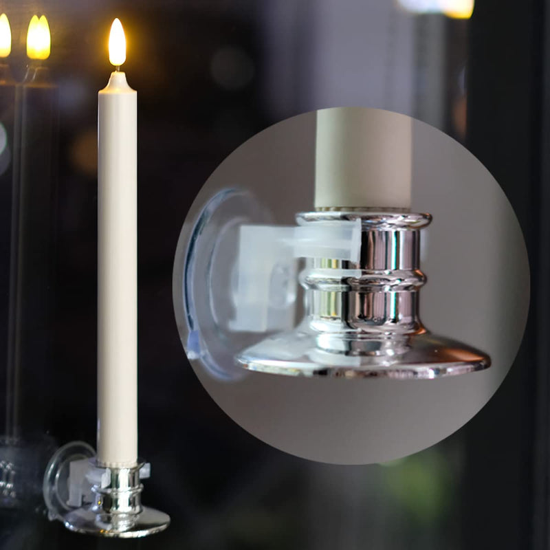 6 Pack LED Windows Candles with 12 AA Batteries(Include,Run More Than 400 Hours) + 6 Silver Removable Candlesticks + 6 Suction Cup,10'' Ivory Flameless Battery Taper Window Candle Light with Remote 6Pack/10''/Silver Candlestick