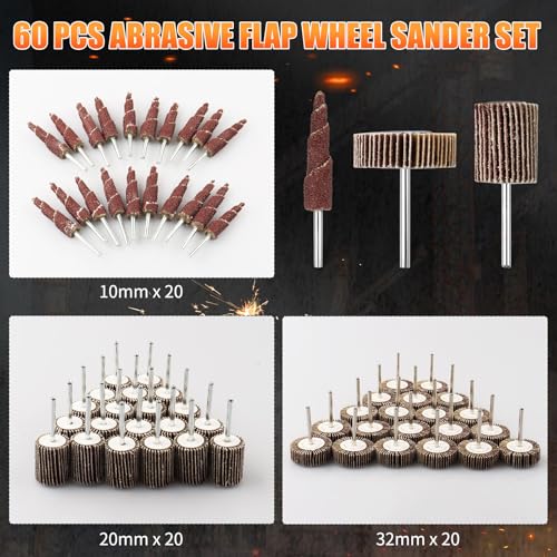 60 Pcs Flap Wheel Sander for Dremel, 80 Grit Flap Sanding Wheel Rotary Tool Accessories Kit for Removing Rust and Polishing,1/8-inch Shank 60