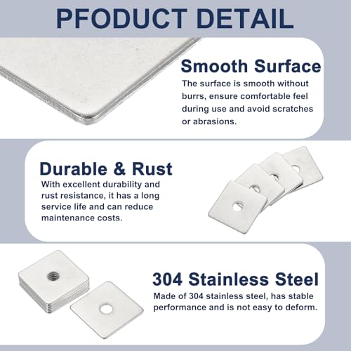 uxcell 16 Pcs Flat Square Plate Washer, 10MM ID x 35MM OD x 2MM Thick 304 Stainless Steel Flat Pad Spacer Gasket for Bolts Factories Bathroom Repair Shops Construction, Silver 10 x 35 x 2 mm