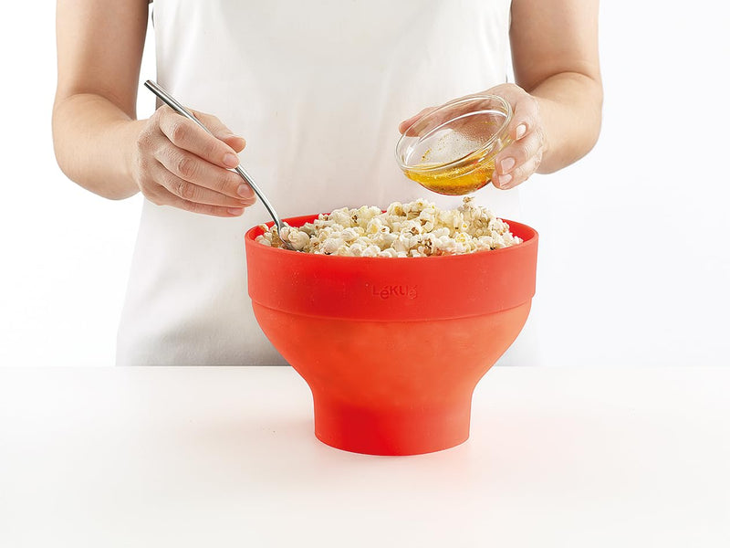 Lékué Microwave Popcorn Maker | Standard | Red | Fast, Healthy Pop-Up Popcorn Bowl, Cooks 2-3 Servings in 3 mins | Folds Down to Save Space, No Oil Needed, Includes Fat-Free Recipes | Dishwasher Safe