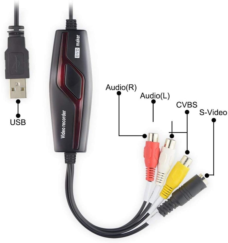 VHS TO Digital Converter, USB Video Capture Card, Video Capture Device, RCA TO USB Converter,Convert VHS VCR Hi8 Mini DV to Digital/DVD,For Tape Player Camcorder Camera PC TV,Windows Mac OS Compatible Black