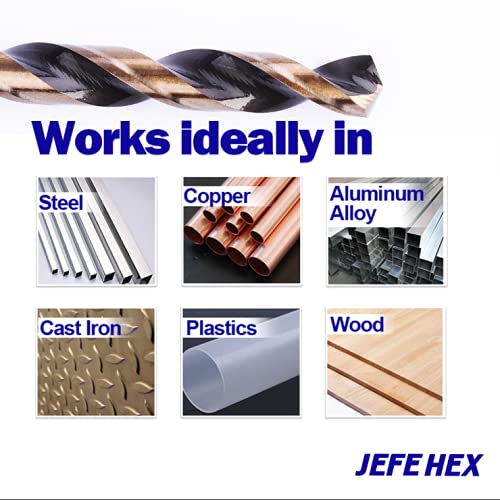 JEFE HEX 1/2" Dia. 5" OAL HSS Twist Drill Bit, General Purpose, 3-Flat Shank, Black and Gold Finish, 135 Degree Split Point, Ideal for Steel/Wood/Copper/Aluminum/Zinc Alloy/Plastic. (6-Piece) 1/2" (6-Piece)