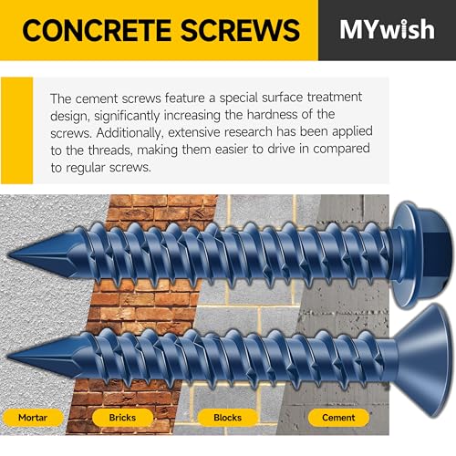 Mywish 105Pcs Concrete Screws Assortment Kit, Flat Pillips & Hex Head Masonry Block Brick Cement Screws with Drill Bit, Concrete Screws Set for Concrete Masonry Stucco Brick