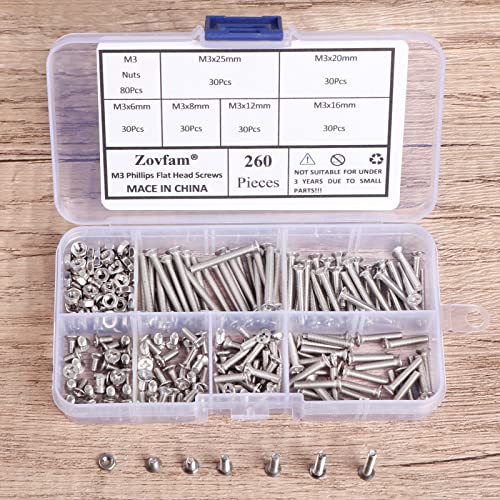 M3 Phillips Flat Head Screws Countersunk Bolts Nuts 304 Stainless Steel Nuts and Bolts Assortment Kit M3 x 6mm/ 8mm/ 12mm/ 16mm/ 20mm/ 25mm Metric Bolt Kit 260Pcs