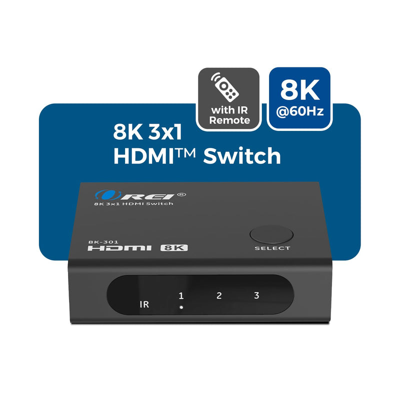 4K@120hz 3x1 HDMI Switch 8K by OREI - Remote Control HDMI Selector 48Gbps High Resolution Switch Between 3 Inputs Prefect for Gaming, PS5, Xbox, HDR10, Dolby Vision (BK-301)