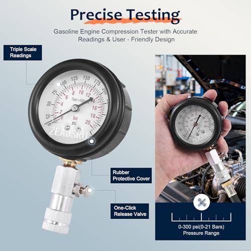 Engine Compression Tester Kit 8PCS, 0-300 PSI Cylinder Pressure Test Tool for Gasoline Engines on Cars, Motorcycles, ATVs & Small Engines with Dual Scale Gauge and Adapters (Black-8PC) Black-8PC