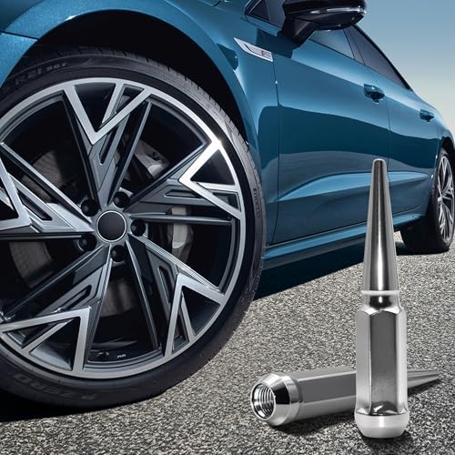 M14X1.5 Chrome Silver Wheel Spike Lug Nuts, 24 PCS Lug Nut Wheel Accessories with 1 Socket Key, Thread Spiked 4.4" Long Closed End Nuts Compatible with Silverado Sierra 1500 M14X1.5-24PCS