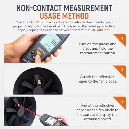 LODESTAR LD373 Non-Contact Digital Laser Tachometer, 100~30000 RPM Photoelectric RPM Meter with Reflective Tape, Max/Min Data Hold for Motor Fan Speed Test