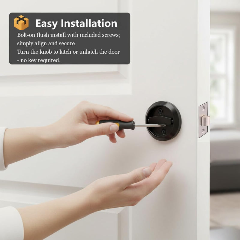 Flat Door Knob, Flush Mount Low Profile Door Knob, Stainless Steel Round Recessed Door Knob, Hidden Cup Door Knob, Pocket Door Knob Without Keys for Space Saving(Black)