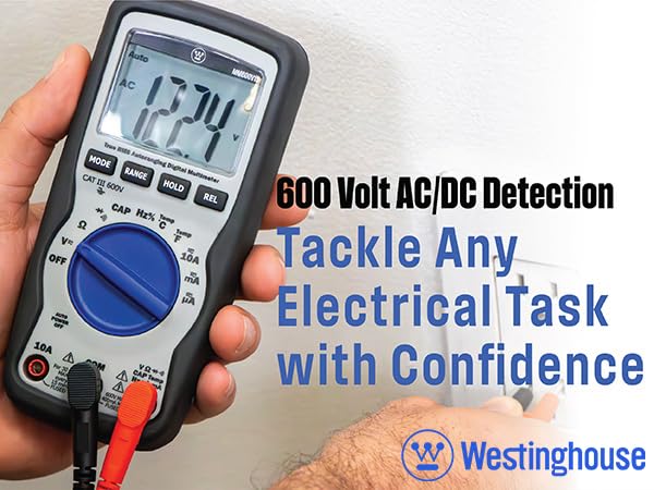 Westinghouse 600V True RMS Auto-Ranging Multimeter with Large Screen and Relative Mode; Measures Voltage Current Resistance Capacitance Frequency Temperature; Incl. Case and 2-Year Warranty. 600V L Screen