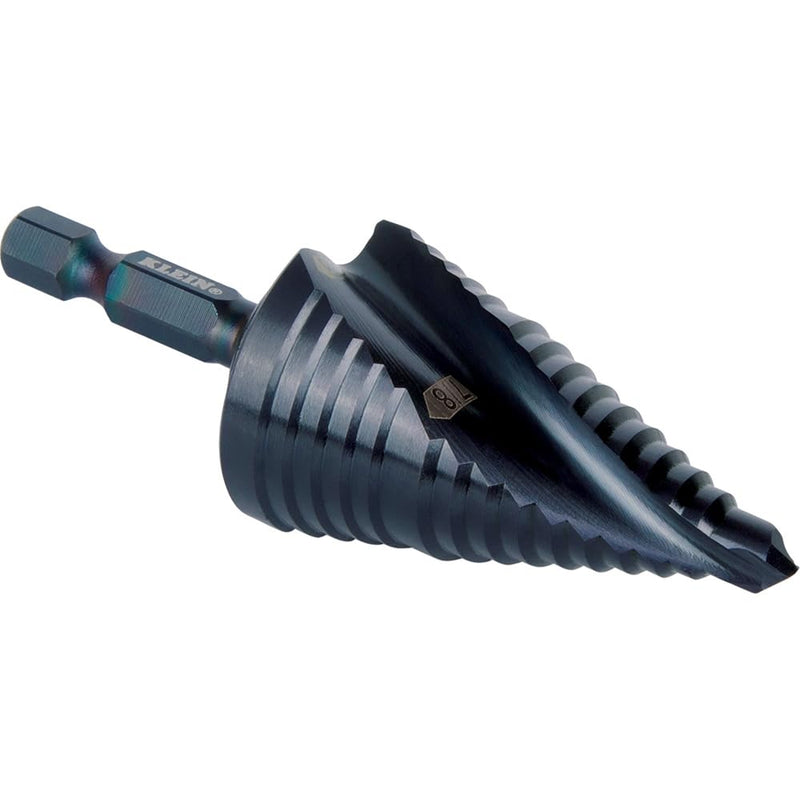 Klein Tools QRST11 Step Drill Bit, Quick Release Spiral Double-Fluted, 7/8 to 1-1/8-Inch, Hex Shank, Cut Steel, Wood, Plastic, Aluminum