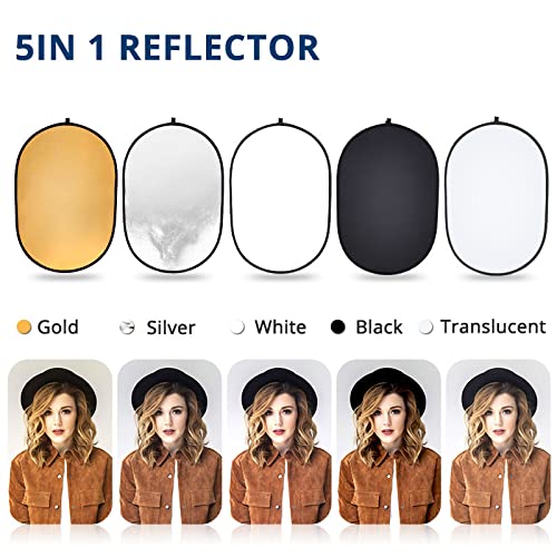 Photography Light Reflector with Clip 5 in 1 Portable 60x90cm/24x35inch Oval Collapsible Multi Disc Photography Studio Photo Camera Lighting Reflector Diffuser Clip60x90cm 5in1