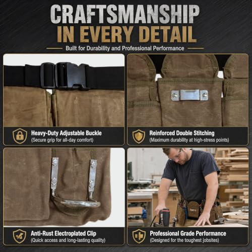 Waterproof Waxed Canvas Tool Belts for Men with 19 Pockets, Tear-resistant
