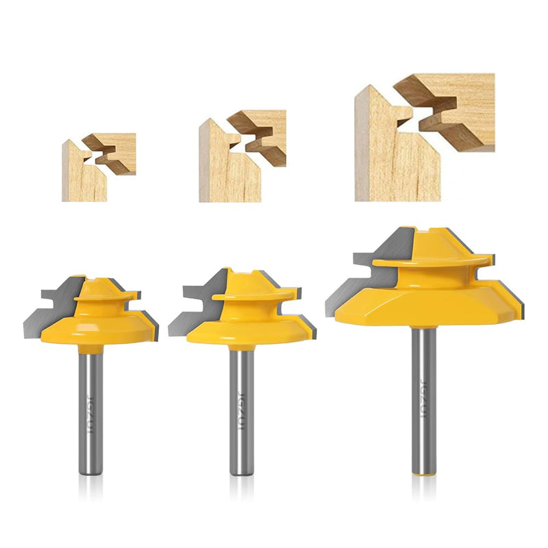 45 Degree Lock Miter Router Bits 1/4" Shank 3Pcs, C3 Carbide Set | 3 piece lock miter set, 1/4 inch shank, C3 tungsten carbide, 3/4 to 1-1/8 inch stock, cabinet joints, seamless corners 1/4inch Shank 3-Bit Set