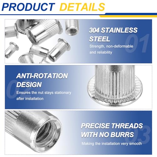 50Pcs Rivet Nut 3/8"-16x23/32 304 Stainless Steel Silver 3/8"-16x23/32" 50