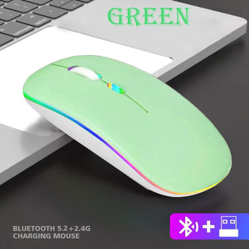 Wireless Bluetooth Mouse,LED Dual Mode Rechargeable Silent Slim Laptop Mouse,Portable(BT5.2+USB Receiver) Dual Mode Computer Mice,for Laptop,Desktop Computer,ipad Tablet,Phone,TV (Green) green