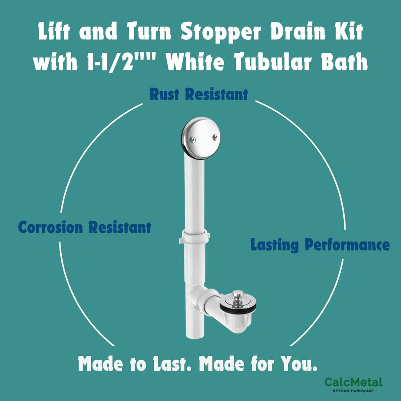1-1/2"" White Tubular Bath Drain Kit with Lift and Turn Bath Drain Stopper, Lift and Turn Bathtub Drain Waste and Overflow with Plug and Bathtub Overflow Drain Cover (Plated Chrome) Plated Chrome