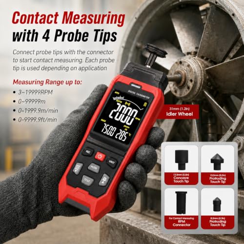 Digital Handheld Tachometer RPM Meter, 2-in-1 Contact and Non Contact Laser Photo Tachometer with Data Logging, RPM Measuring with USB PC Connection & Data Export