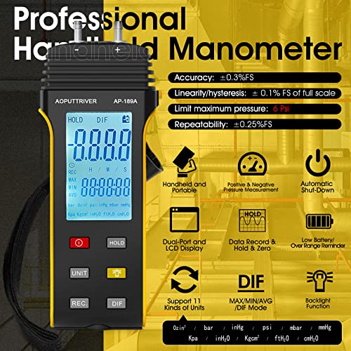 HVAC Manometers Dual-Port Air Pressure Tester ±30Psi/206.8Kpa Light Orange