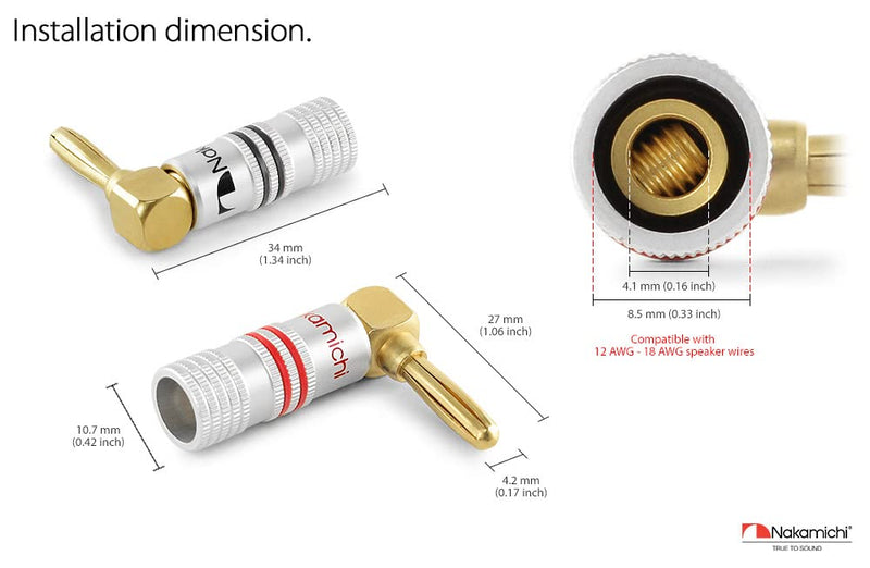 Nakamichi Excel Series 24k Gold Plated Right Angle Banana Plug 12-18 AWG Gauge Size 4mm for Speakers Amplifier Hi-Fi AV Stereo Home Theatre Audio Wire Cable Screw Connector, 4 Pcs (2-Pairs) 4 Pcs (2-Pairs)