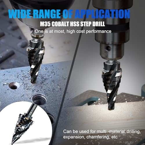 Four Spiral Flute M35 Step Drill Bit Set 1/8"-1"(9 Sizes), 3/8" Shank for Metal Step Drill bit, Impact Resistant Cobalt Step Drill Bit, for Stainless Steel, Wood, Aluminum, Plastic Spiral 1/8"-1"