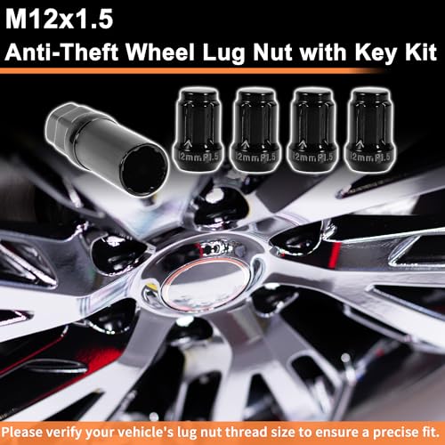 M12x1.5 Wheel Locking Nut with 1 Socket Key for Honda for Toyota Anti-Theft Tyre Tire Lock Nuts Removal Tool Black 1 Set