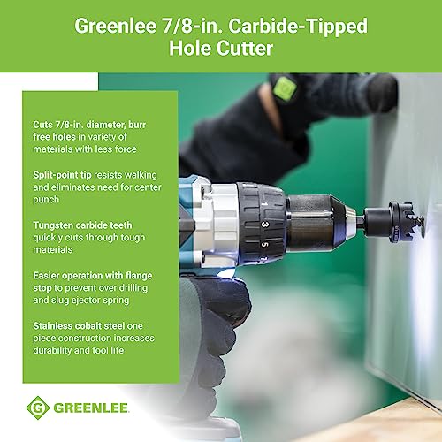 Greenlee 625-7/8 Durable One-Piece Carbide-Tipped Hole Cutter for 1/2" Conduit, 7/8" Stainless Steel Metal Cutting Hole Saw with Tungsten Carbide Teeth 7/8-Inch