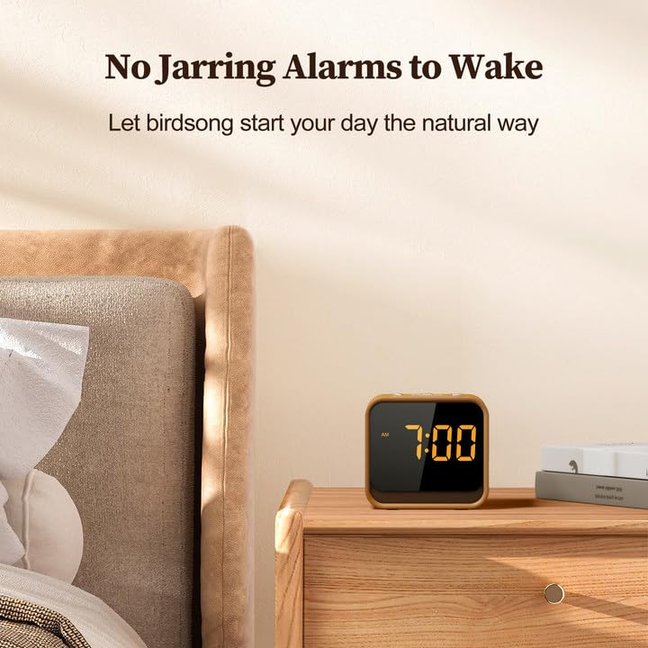 Housbay Wooden Sound Machine Alarm Clock for Bedrooms - Gentle Wake-Up with Birdsong, White Noise for Sleeping, Small Digital Clock for Phone-Free Routine Oak