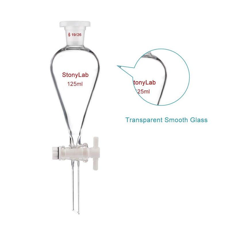 stonylab Borosilicate Glass 125 ml Heavy Wall Conical Separatory Funnel with 19/26 Joints and PTFE Stopcock, 125 ml 125.0 milliliters 1 Sep-Funnel-Glass-1PK-125mL