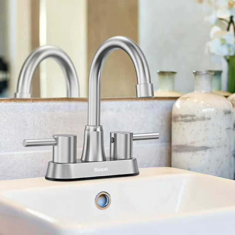 Bathroom Faucets, Bathroom Faucet 3 Hole, Bathroom Sink Faucet, Faucet for Sink 4 Inch 2 Handle Centerset, Lead-Free, with Copper Pop Up Drain (Brushed Nickel) Brushed Nickel Style A