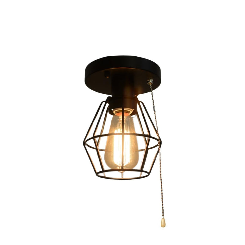 Black Metal Wire Cage Ceiling Light with Pull Chain, 1-Light Modern Industrial Semi Flush Mount Light Small Pull String Entryway Porch Ceiling Light Fixture Edison E26 161 1-light 161