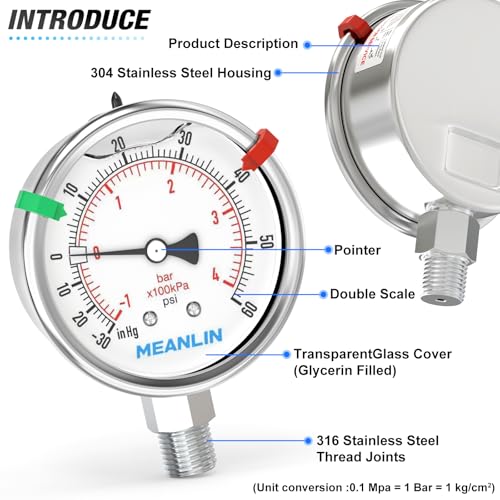 MEANLIN MEASURE -30inHG~60Psi Vacuum Pressure Gauge 316 Stainless Steel Joint 1/4" NPT 2.5" FACE DIAL, Stainless Steel Liquid Filled Pressure Gauge WOG Water Oil Air Lower Mount, 2PCS Snaps -30inHG-60Psi