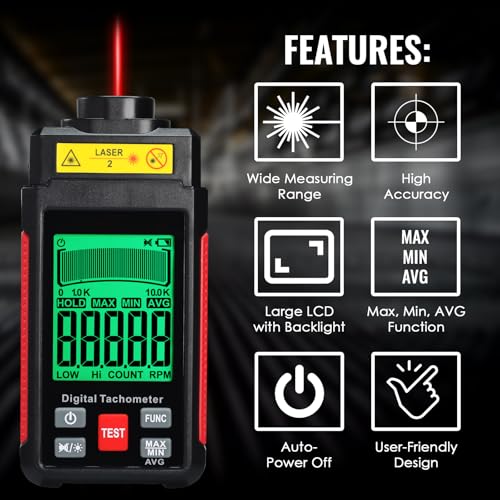 Digital Laser Tachometer High-Precision Non-Contact Tachometer 10-99,999RPM Handheld Professional RPM Meter with Reflection Tape, MAX/MIN/AVG, Photoelectric Sensing, Large LCD Backlight Data Hold