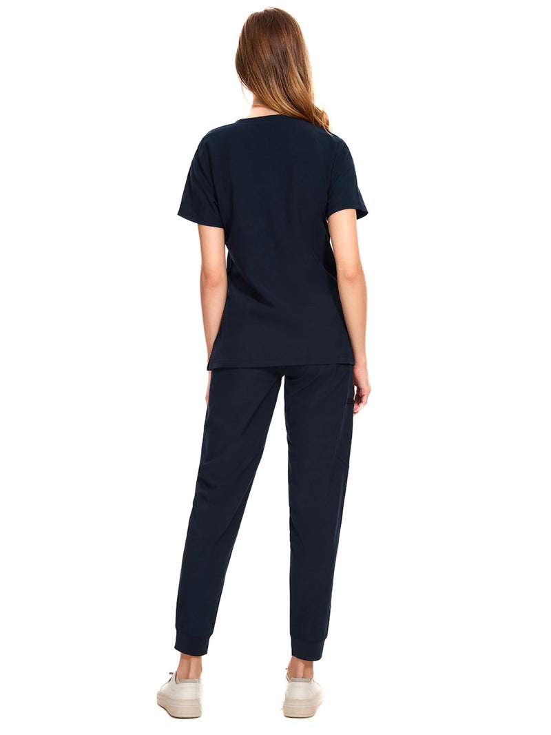 COZYFIT Medical Scrubs for Women Set - Curved V-Neck Scrub Top & Jogger Pants with 8 Pockets Large Navy Blue