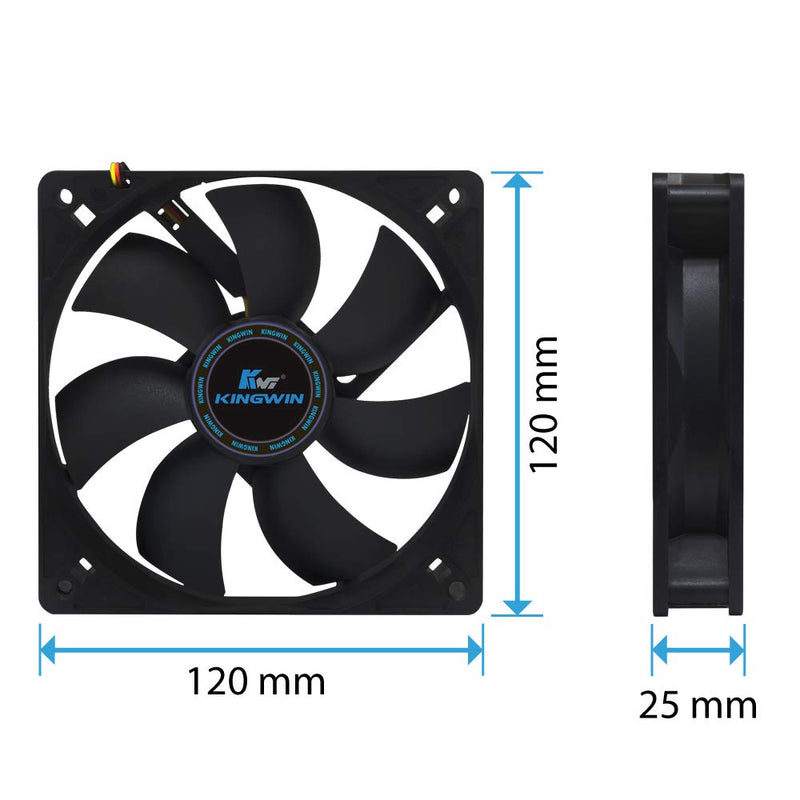 Kingwin 120mm Silent Fan for PC Cases, CPU Coolers, Mining Rigs – Quiet Computer Cooling Fan with Long Life Sleeve Bearing, High Airflow Ventilation – Black CF-012LB 120 mm (Pack of 1)