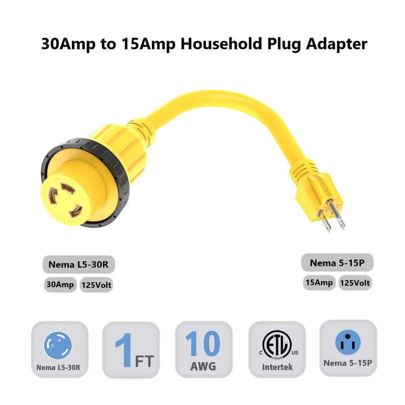 1FT 30-Amp to 15-Amp Marine & RV-Adapter Cord Nema 5-15P to L5-30R,10AWG 15Amp Male to 30Amp-Female Twist Lock Power Adapter,Marine Shore Power 30A 125V Receptacle to 110V 15A Household Plug 1 Ft