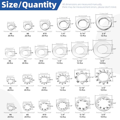 Glarks 400pcs #6#8#10 1/4” 5/16” 3/8” External & Internal Star Washer and Split Lock Washer with Flat Washers Set, 304 Stainless Steel Stars and Split Washers #6, #8, #10, 1/4", 5/16", 3/8"