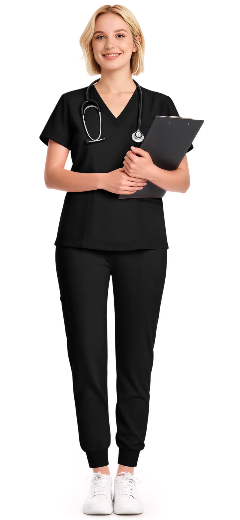 Scrubs for Women Set, V-Neck Short Sleeve Top & Jogger Pants | Soft Stretch Scrub Set, All-Day Comfort, 9 Functional Pockets and Breathable Fabric for Long Nursing Shifts Standard Medium Black