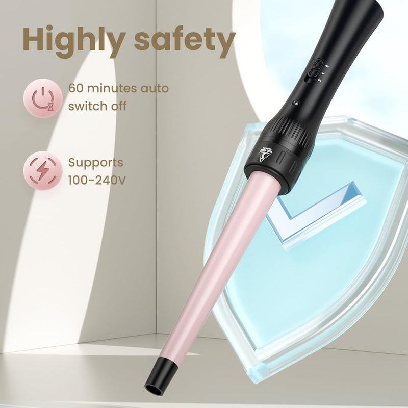 Hair Curling Wand Iron Tongs with Anti-Scald Head, 5 in 1 Hair Curler for Long Hair 10mm-32mm with 2 Crocodile Clips 1 Anti-Scald Silicone Gloves, PTC Ceramic LCD 180°C & 210°C Pink