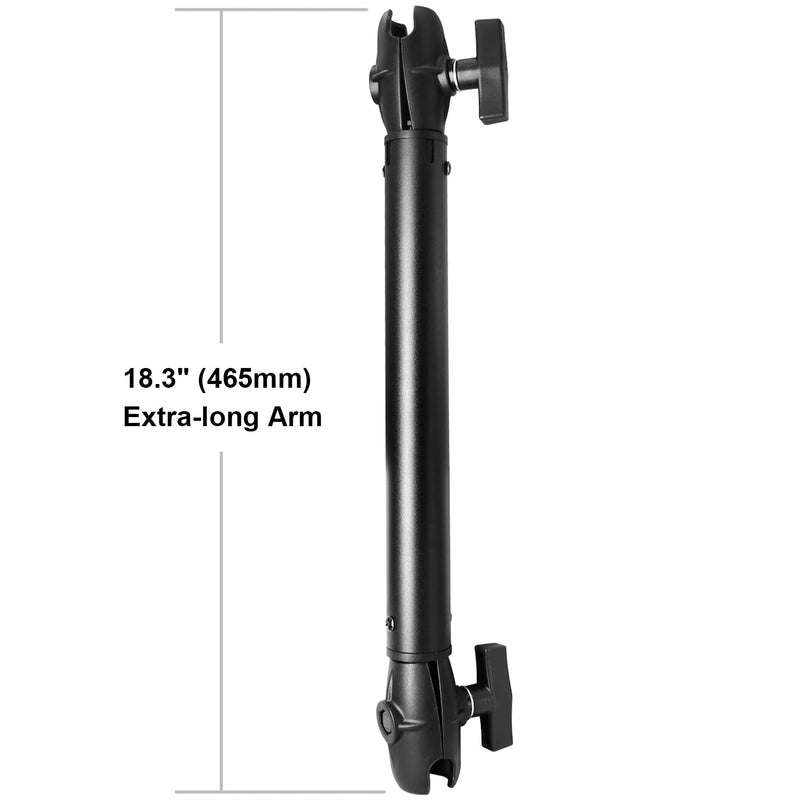 Aluminum Extension(18.3"/46.5cm) Double Socket Arm for 1.5 Inches/C Size / 38mm Ball Accessories, Powerful Clamp, 360° Rotation, Compatible with RAM Mount, iBolt and More