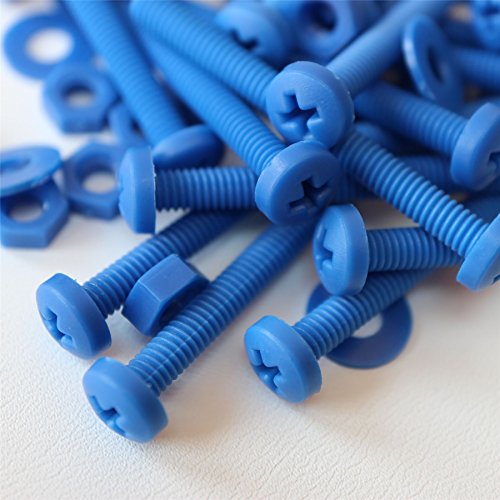 20x Blue PP Pan Head Cross Plastic Screws & Bolts M4 x 40mm, Nuts & Washers