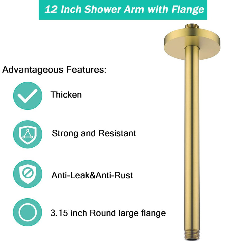 Shower Arm with Flange, 12 Inch Ceiling Mounted Fixed Shower Pipe, Bathroom Straight Rain Shower Replacement Arm, Universal Connection 1/2,Champagne Bronze Finish,SE-RD91038-12CB Round Flange-12″Champagne Bronze