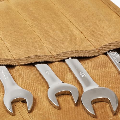 Wrench Roll, Heavy Duty 16OZ Waxed Canvas Tool Roll Tool Bag, Multi-Purpose Small Hand Tools & Wrenches Organizer Holder with 24 Pockets (Khaki) Khaki