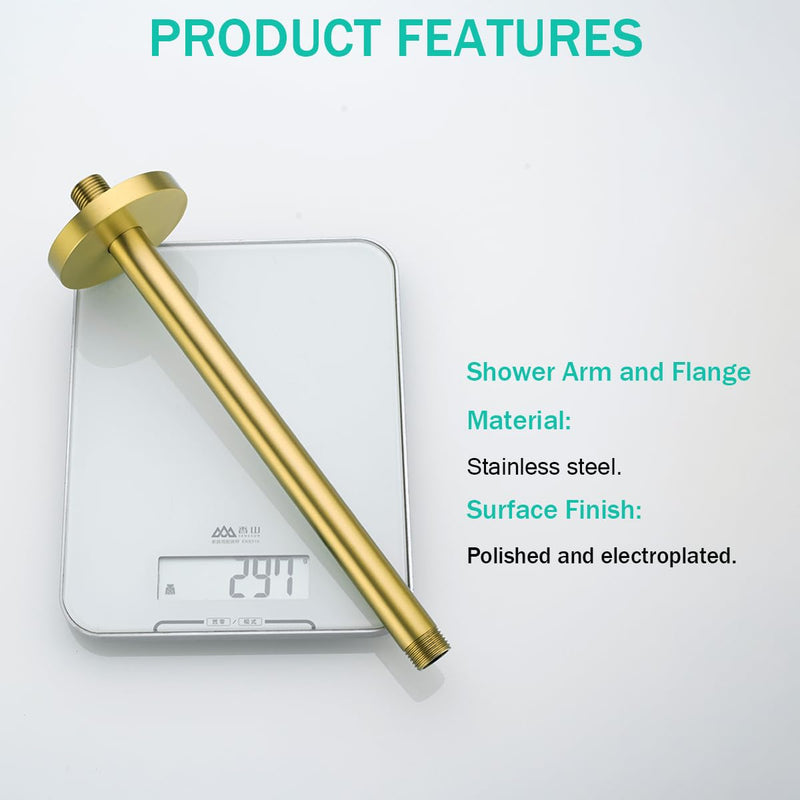 Shower Arm with Flange, 12 Inch Ceiling Mounted Fixed Shower Pipe, Bathroom Straight Rain Shower Replacement Arm, Universal Connection 1/2,Champagne Bronze Finish,SE-RD91038-12CB Round Flange-12″Champagne Bronze